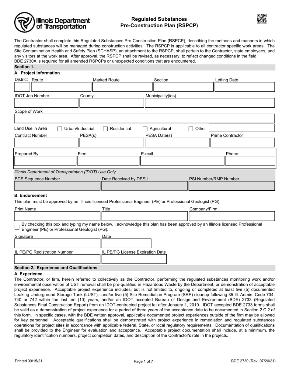 Form BDE2730 Regulated Substances Pre-construction Plan (Rspcp) - Illinois, Page 1