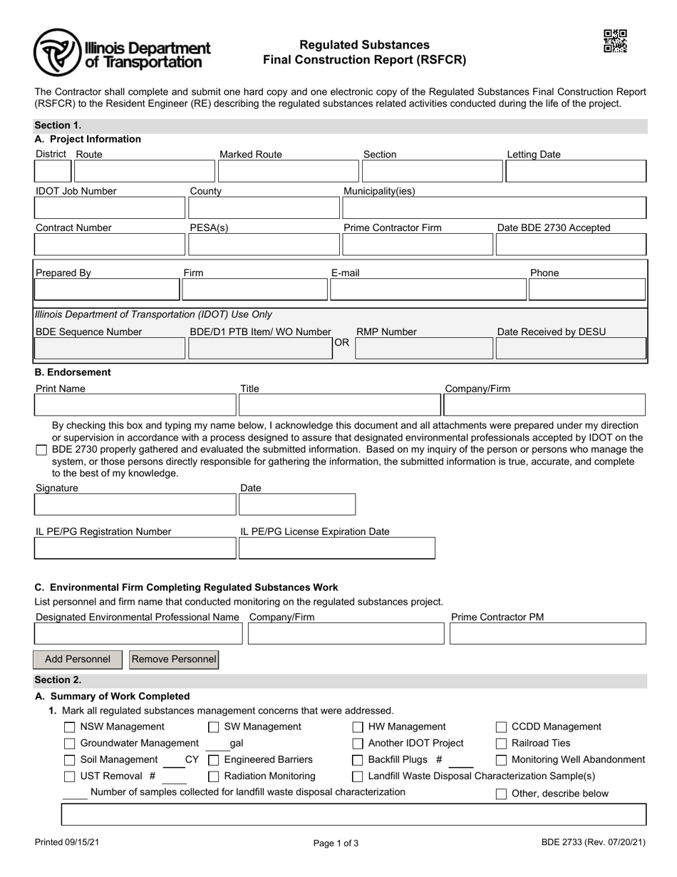 Form BDE2733 Regulated Substances Final Construction Report (Rsfcr) - Illinois, Page 1