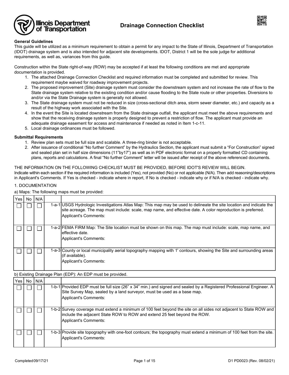 Form D1 PD0023 Drainage Connection Checklist - Illinois, Page 1