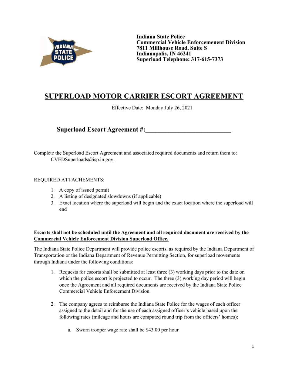 Superload Motor Carrier Escort Agreement - Indiana, Page 1