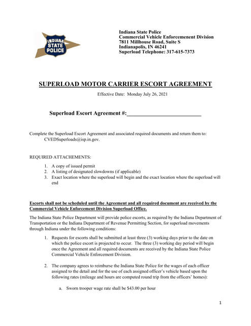 Superload Motor Carrier Escort Agreement - Indiana Download Pdf