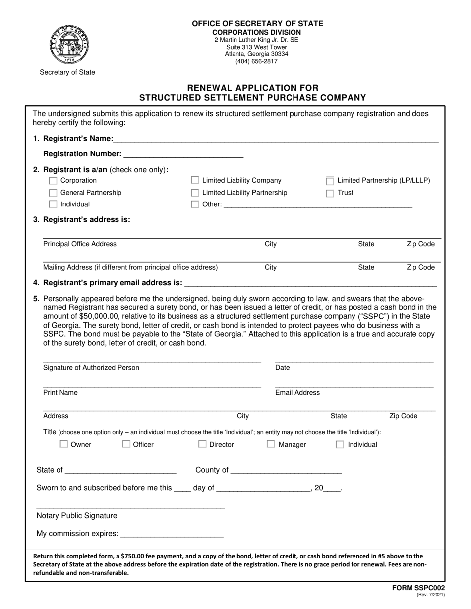 Form SSPC002 Renewal Application for Structured Settlement Purchase Company - Georgia (United States), Page 1