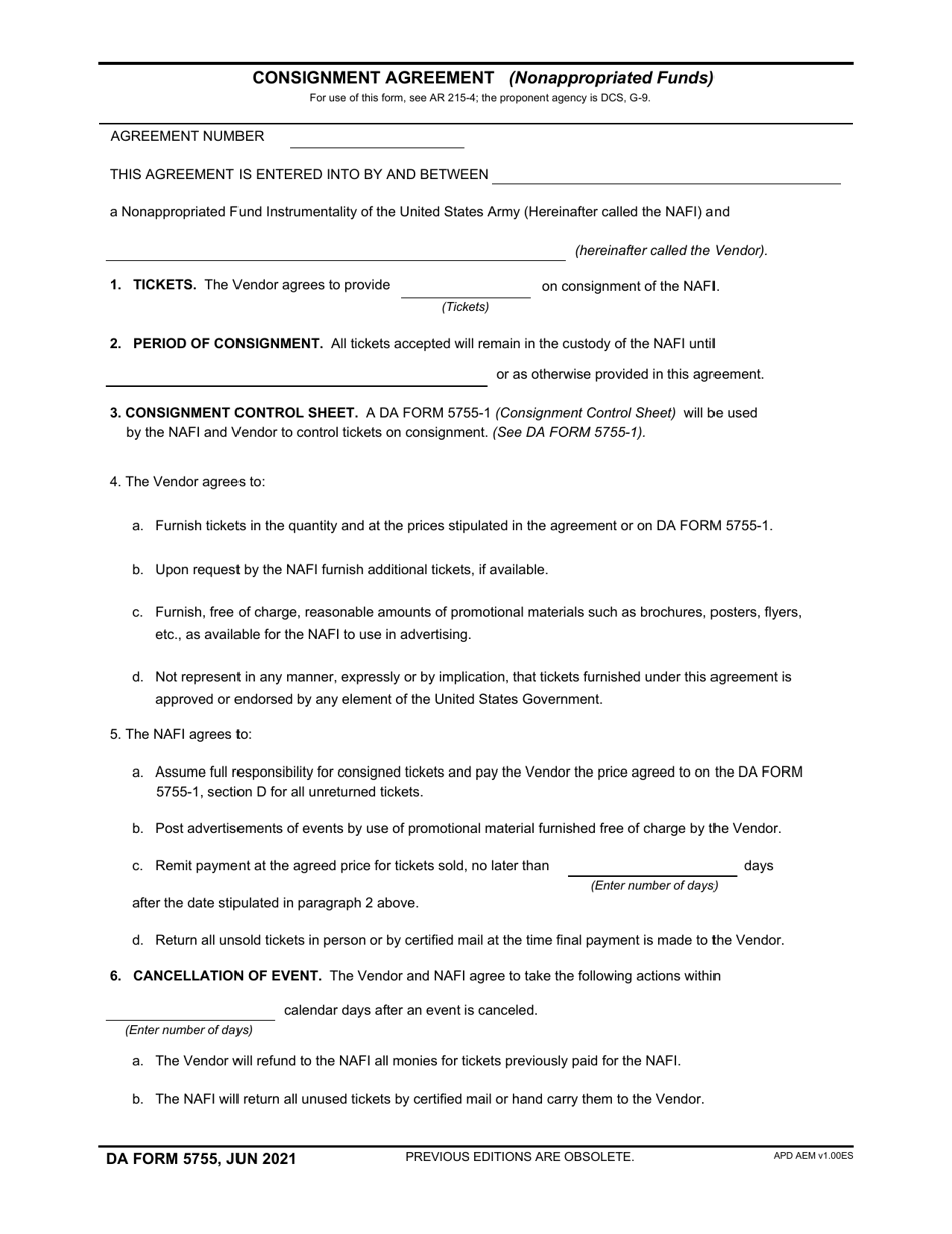 DA Form 5755 Consignment Agreement (Nonappropriated Funds), Page 1