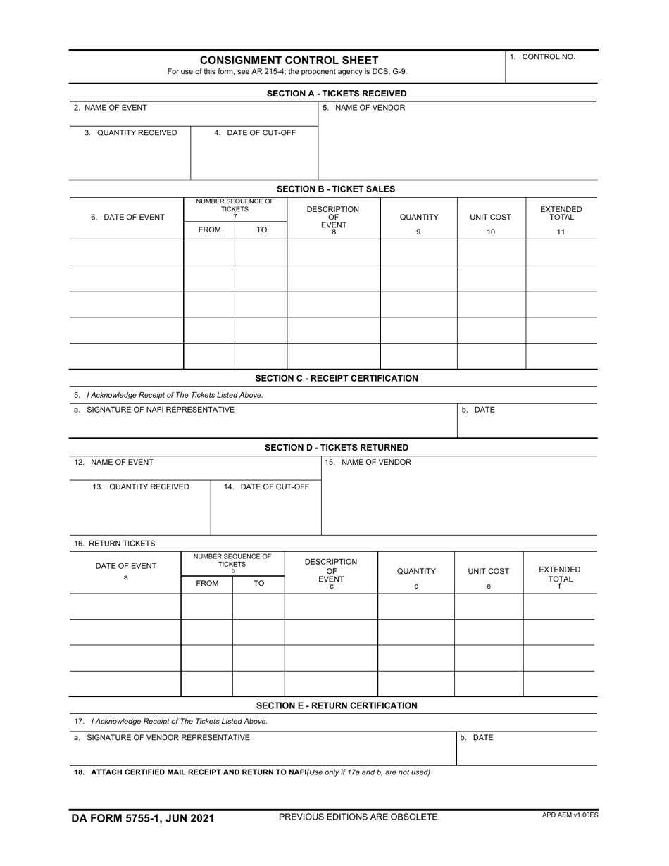 Consignment Control Sheet DA Form 5755-1 Download Fillable PDF or Fill Online Consignment Control ...