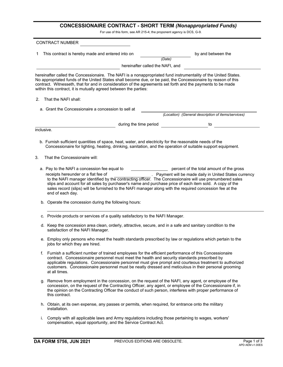 DA Form 5756 Concessionaire Contract - Short Term (Nonappropriated Funds), Page 1