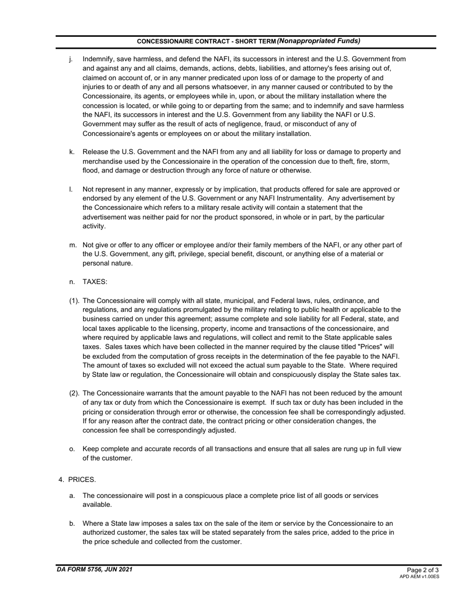 DA Form 5756 Concessionaire Contract - Short Term (Nonappropriated Funds), Page 2