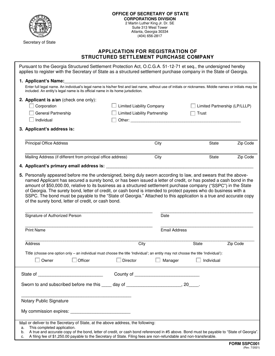 Form SSPC001 Application for Registration of Structured Settlement Purchase Company - Georgia (United States), Page 1
