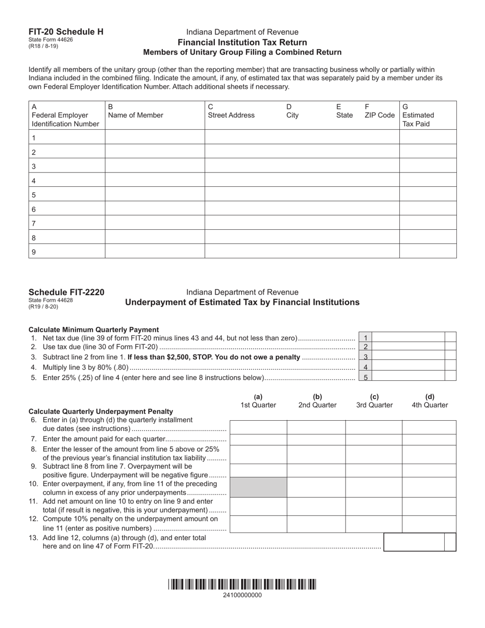 Form FIT-20 (State Form 44626; State Form 44628) Schedule FIT-2220, H Members of Unitary Group Filing a Combined Return; Underpayment of Estimated Tax by Financial Institutions - Illinois, Page 1