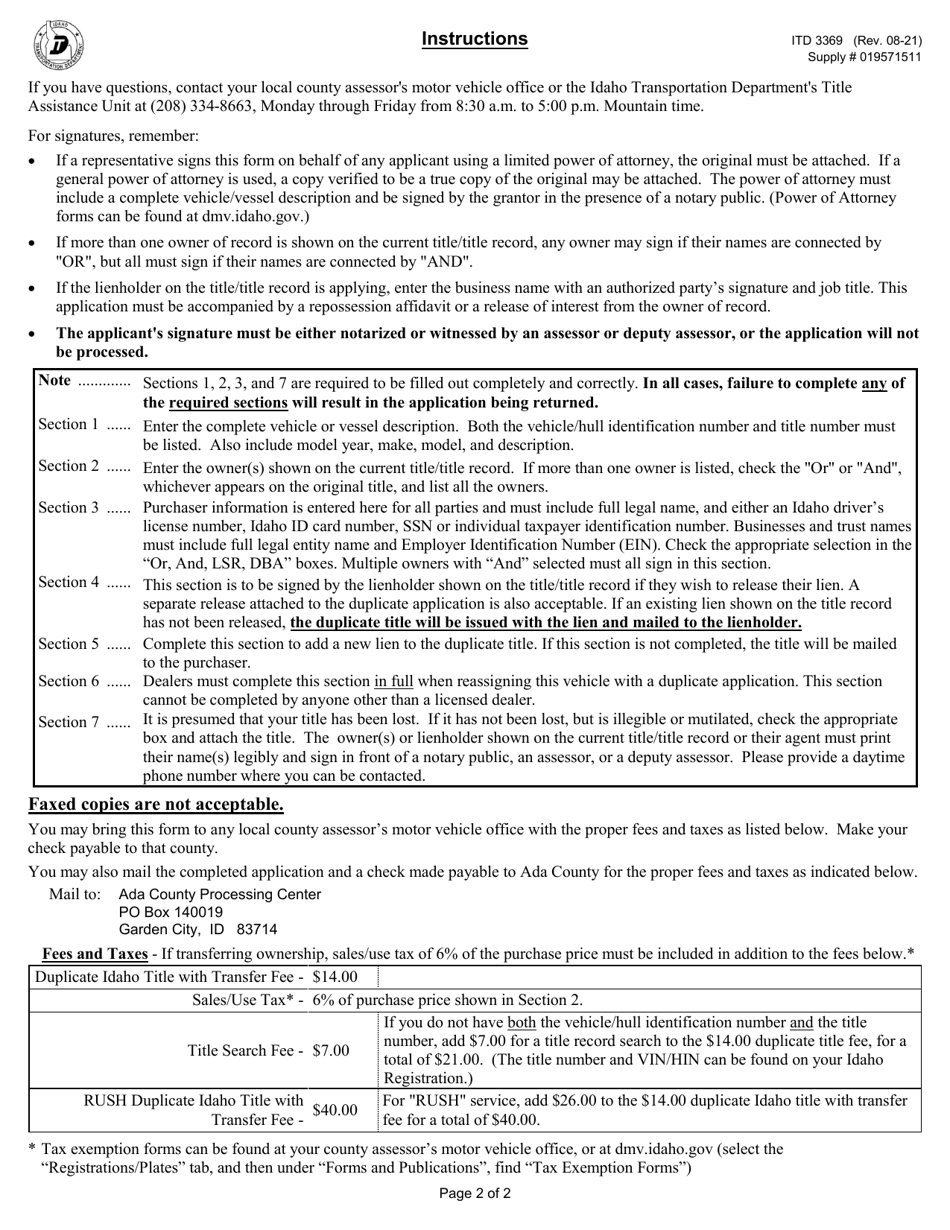 Form ITD3369 Duplicate Idaho Title Application With Ownership Transfer - Idaho, Page 2