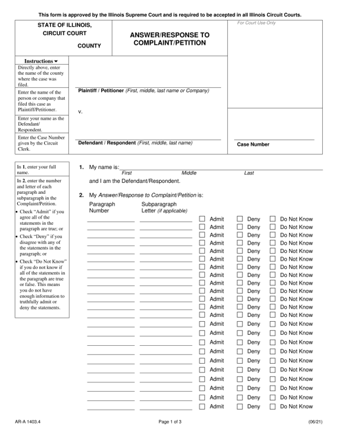 Form AR-A1403.4 Answer/Response to Complaint/Petition - Illinois