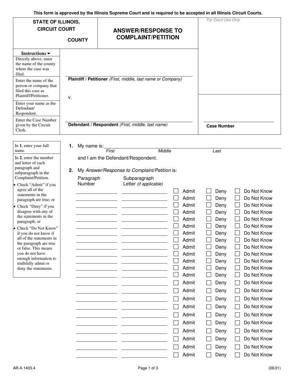 Form AR-A1403.4 Answer / Response to Complaint / Petition - Illinois, Page 1