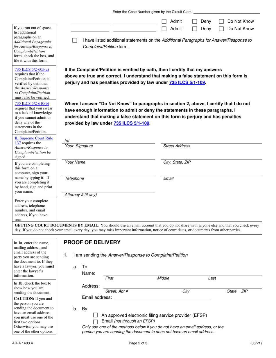 Form AR-A1403.4 Answer / Response to Complaint / Petition - Illinois, Page 2