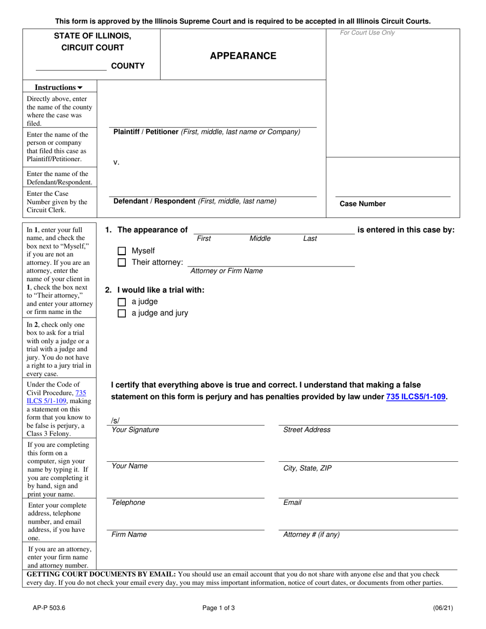 Form AP-P503.6 Appearance - Illinois, Page 1