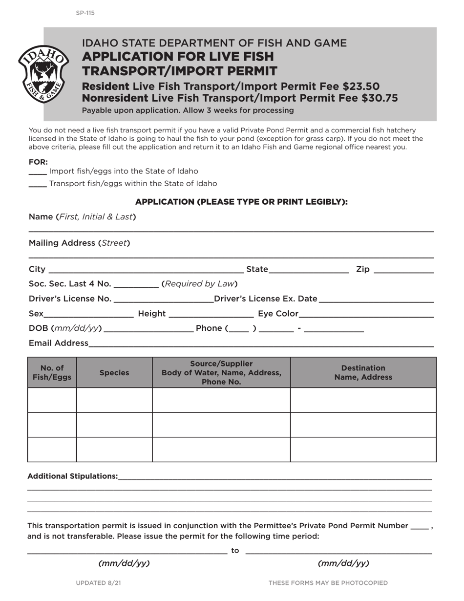 Form SP-115 Application for Live Fish Transport / Import Permit - Idaho, Page 1
