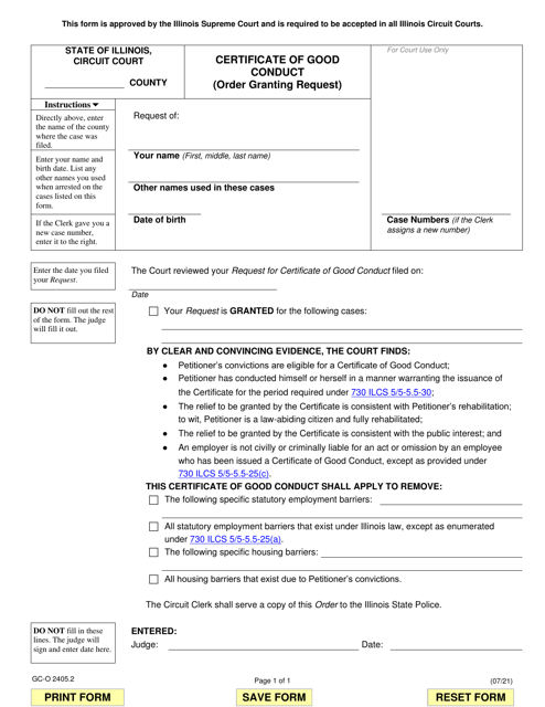 Form GC-O2405.2 Certificate of Good Conduct (Order Granting Request) - Illinois