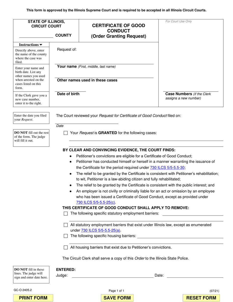 Form GC-O2405.2 Certificate of Good Conduct (Order Granting Request) - Illinois, Page 1