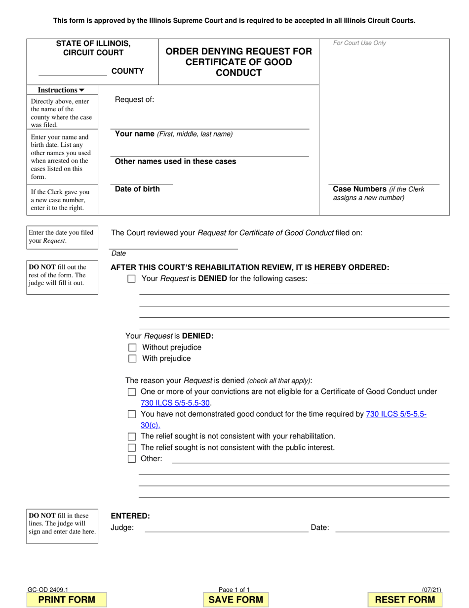 Form GC-OD2409.1 Order Denying Request for Certificate of Good Conduct - Illinois, Page 1