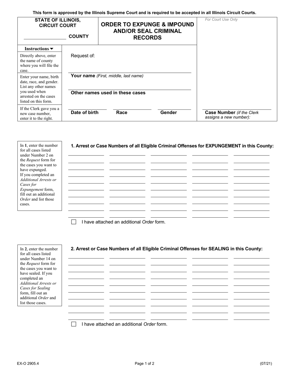 Form EX-O2905.4 Order to Expunge  Impound and / or Seal Criminal Records - Illinois, Page 1