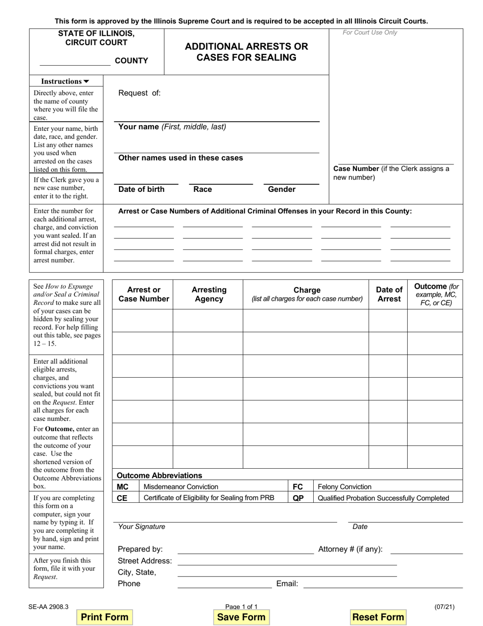 Form SE-AA2908.3 Additional Arrests or Cases for Sealing - Illinois, Page 1