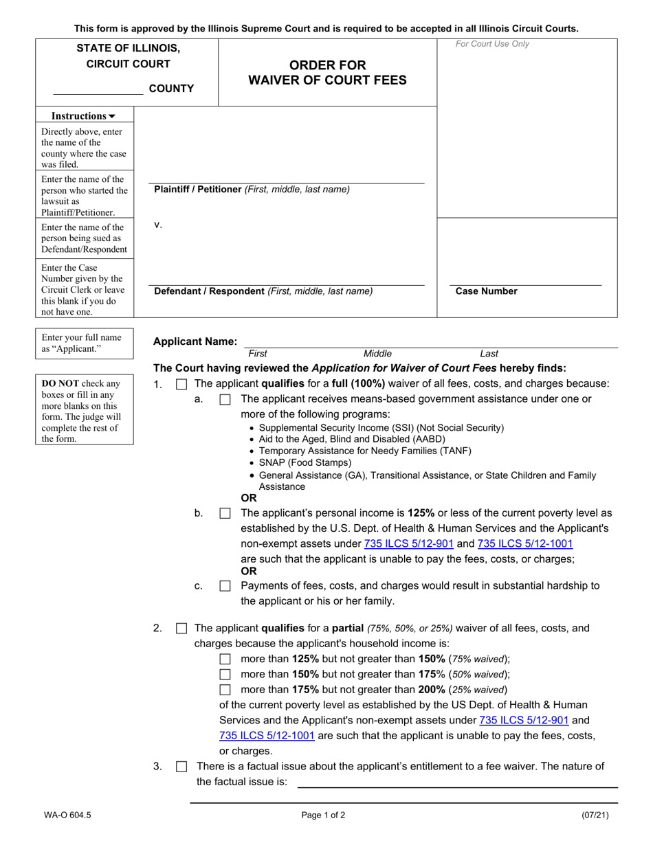 Form WA-O604.5 Order for Waiver of Court Fees - Illinois, Page 1