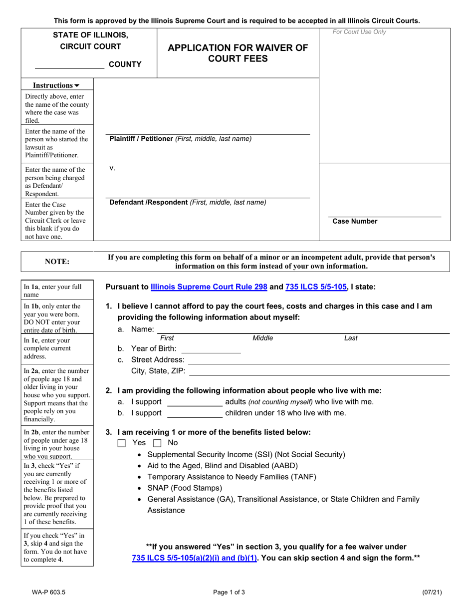 Form WA-P603.5 Application for Waiver of Court Fees - Illinois, Page 1
