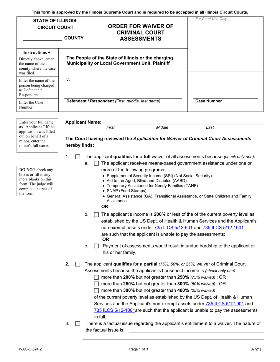 Form WAC-O624.2 Order for Waiver of Criminal Court Assessments - Illinois, Page 1