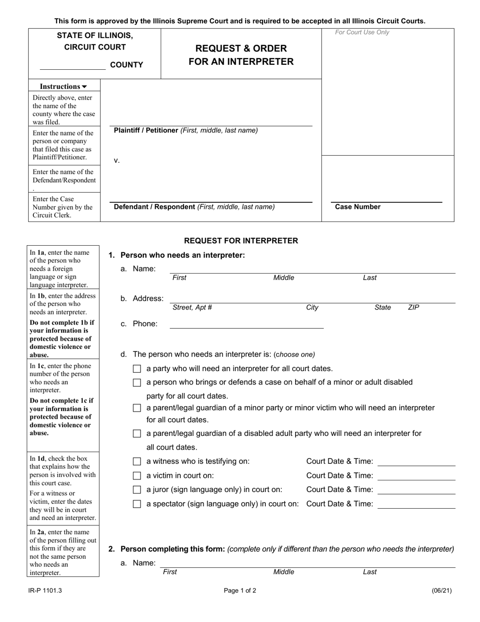 Form IR-P1101.3 Request  Order for an Interpreter - Illinois, Page 1