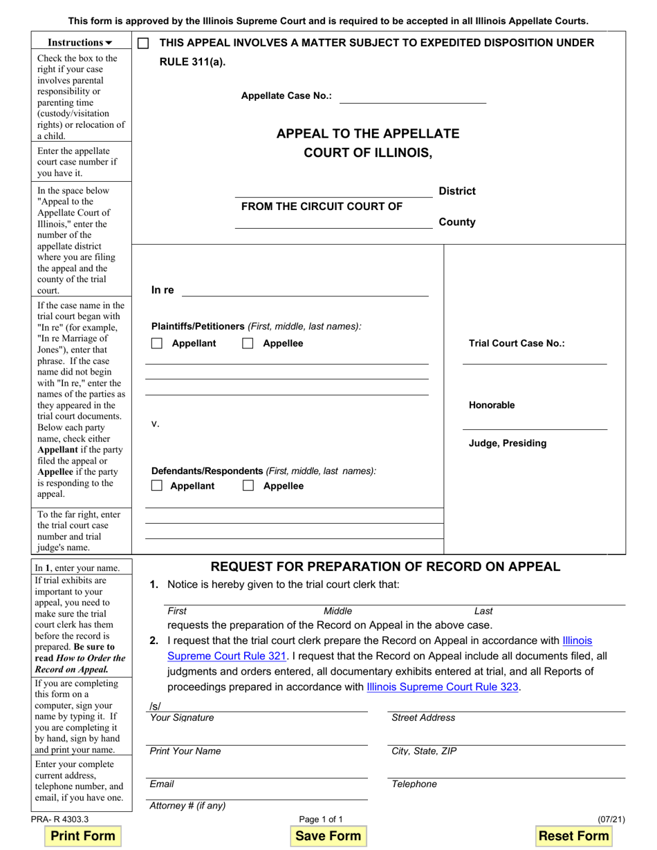 Form PRA-R4303.3 Request for Preparation of Record on Appeal - Illinois, Page 1