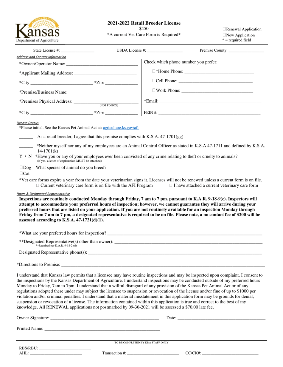 Retail Breeder License Application - Kansas, Page 1