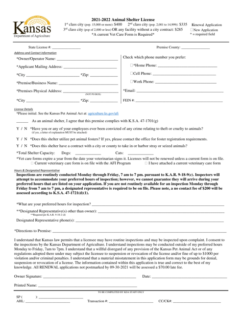 Animal Shelter License Application - Kansas, 2022