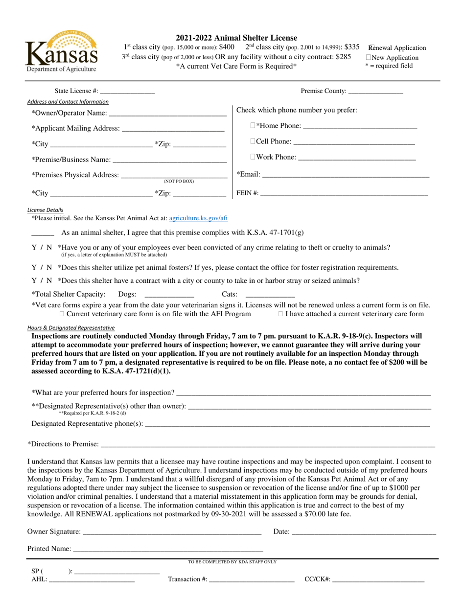 Animal Shelter License Application - Kansas, Page 1