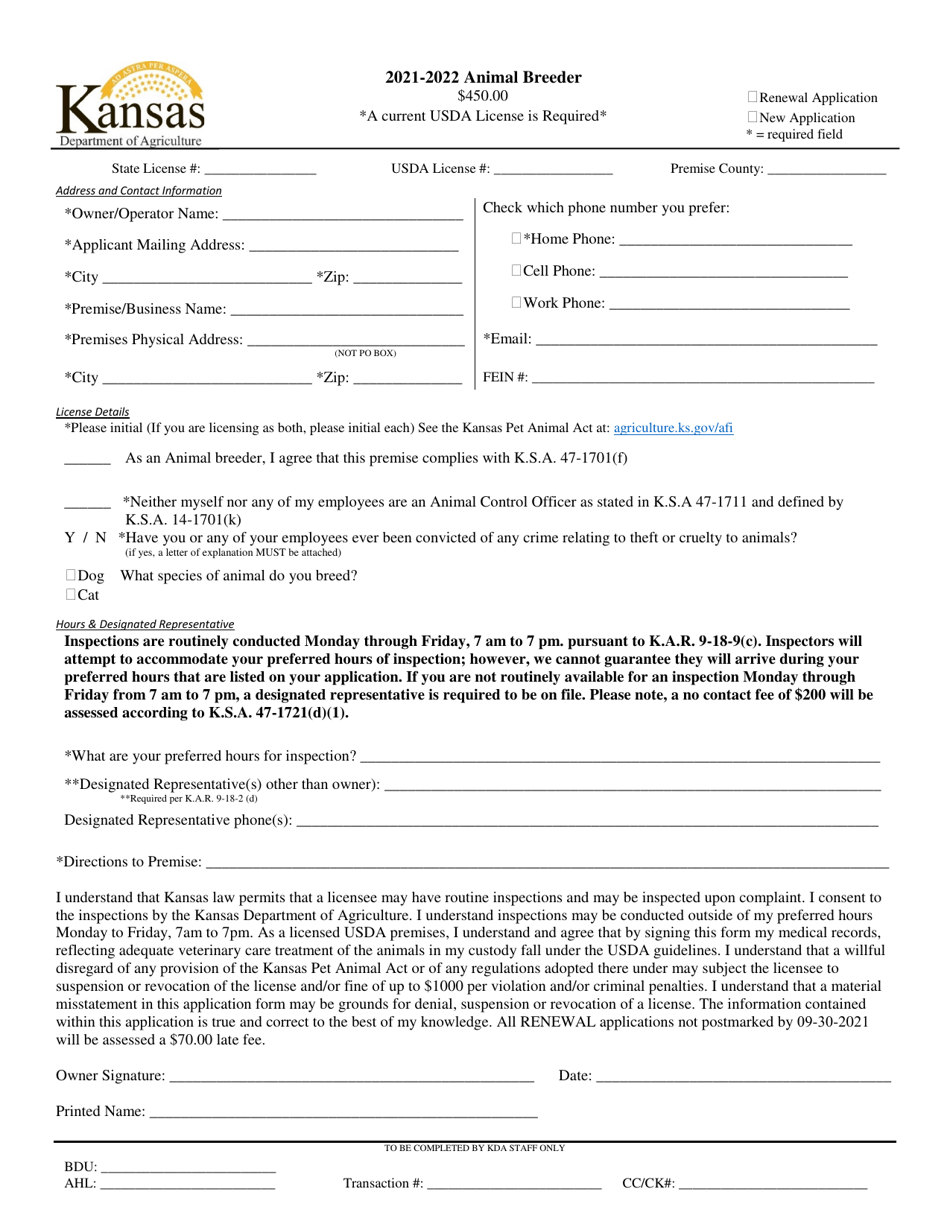 2022 Kansas Animal Breeder License Application Fill Out, Sign Online