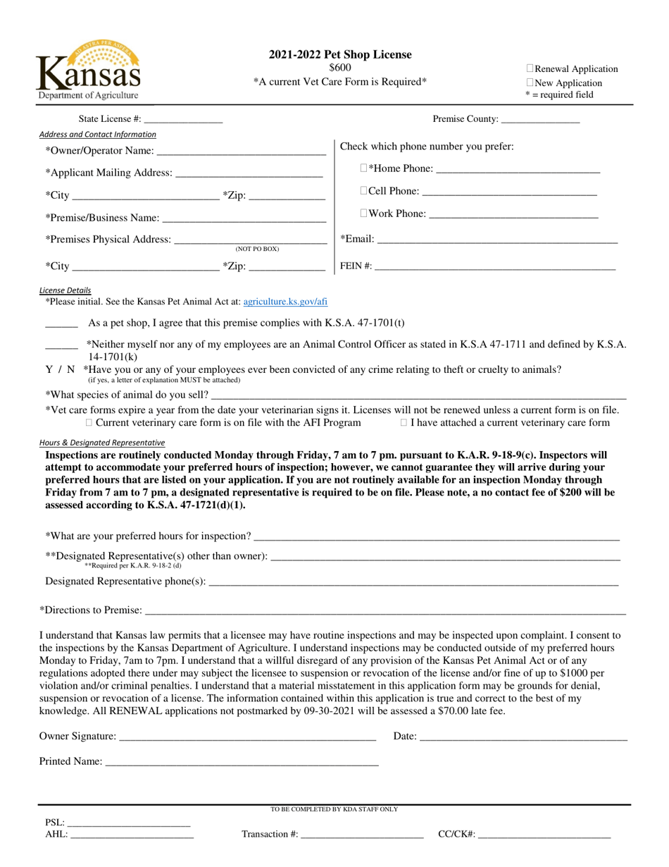 Pet Shop License Application - Kansas, Page 1