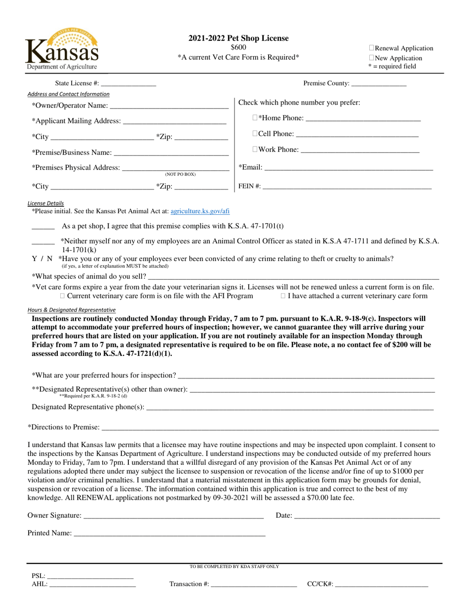 2022 Kansas Pet Shop License Application Download Printable PDF