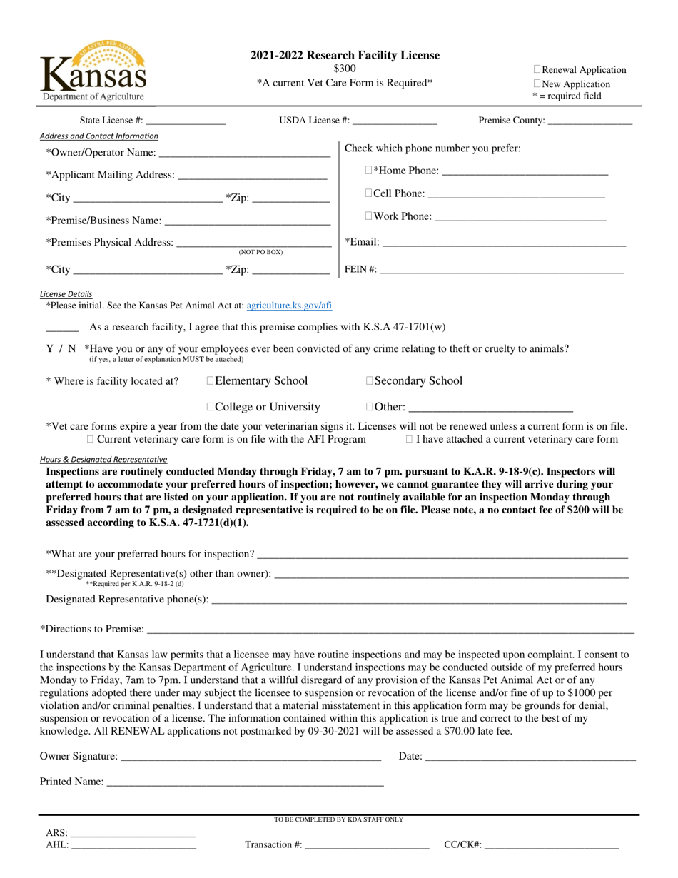 Research Facility License Application - Kansas, Page 1