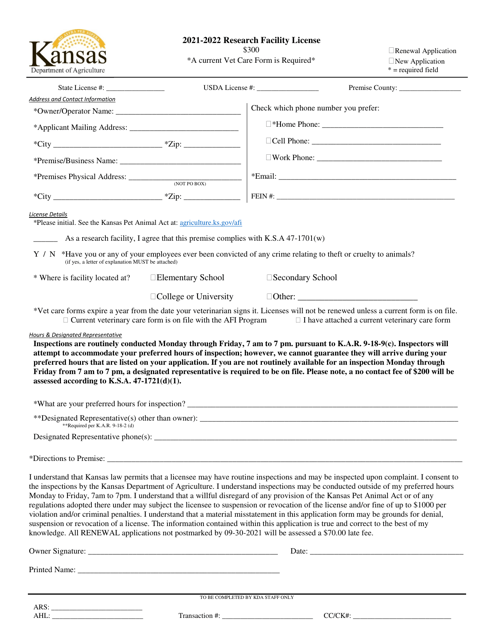 Research Facility License Application - Kansas, 2022