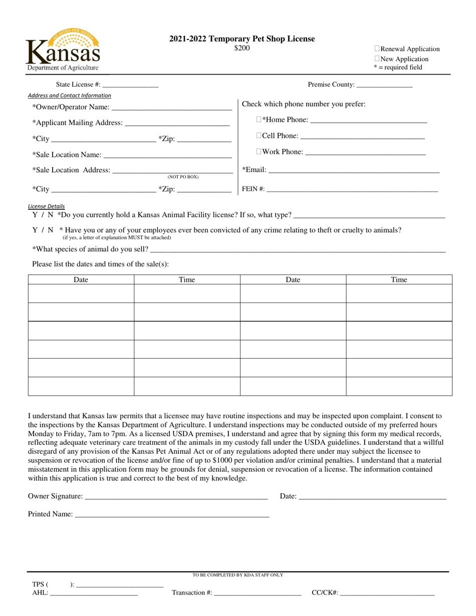2022 Kansas Temporary Pet Shop License Application Download Printable