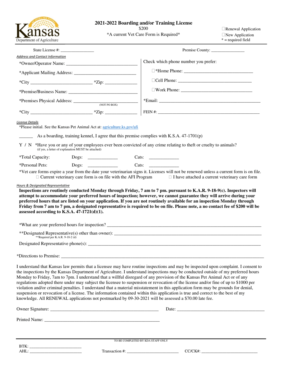 Boarding and / or Training License Application - Kansas, Page 1