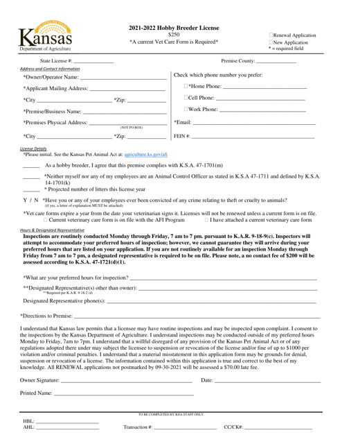 Hobby Breeder License Application - Kansas, 2022