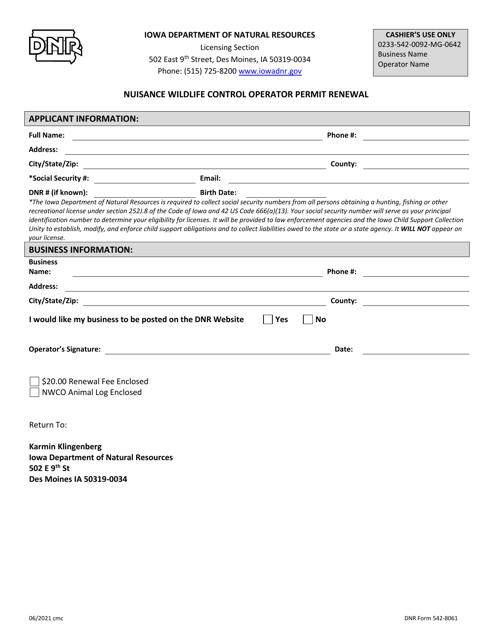 DNR Form 542-8061 Nuisance Wildlife Control Operator Permit Renewal - Iowa