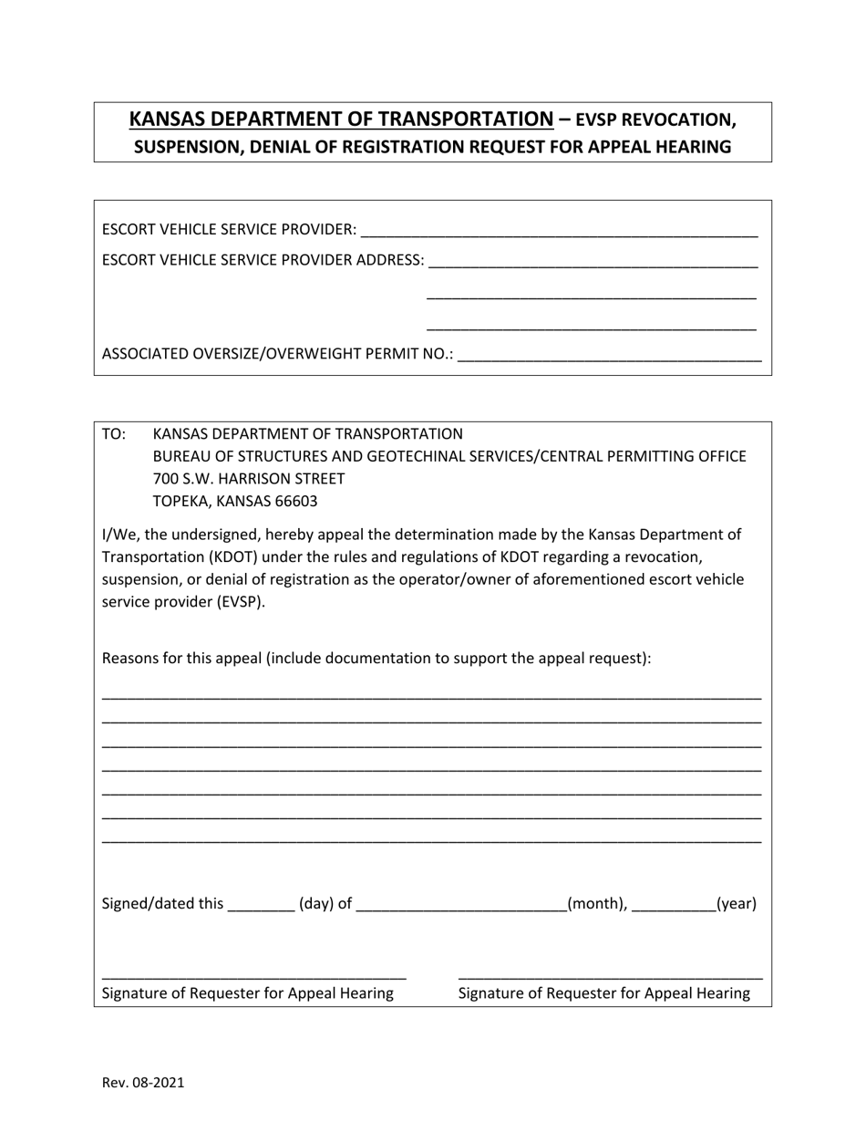 Kansas Evsp Revocation, Suspension, Denial of Registration Request for