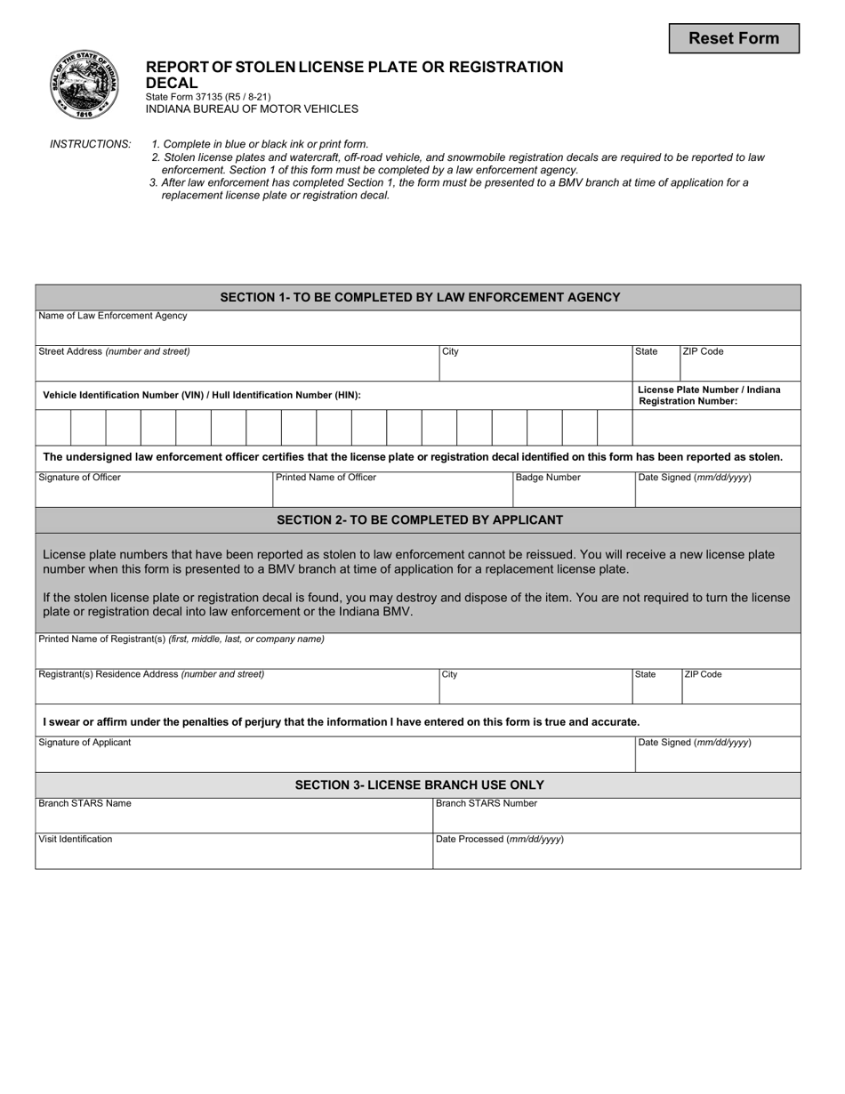 State Form 37135 Report of Stolen License Plate or Registration Decal - Indiana, Page 1