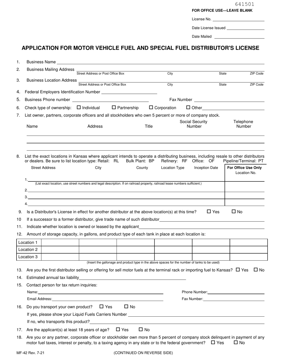 Form MF-42 Application for Motor Vehicle Fuel and Special Fuel Distributor's License - Kansas, Page 1