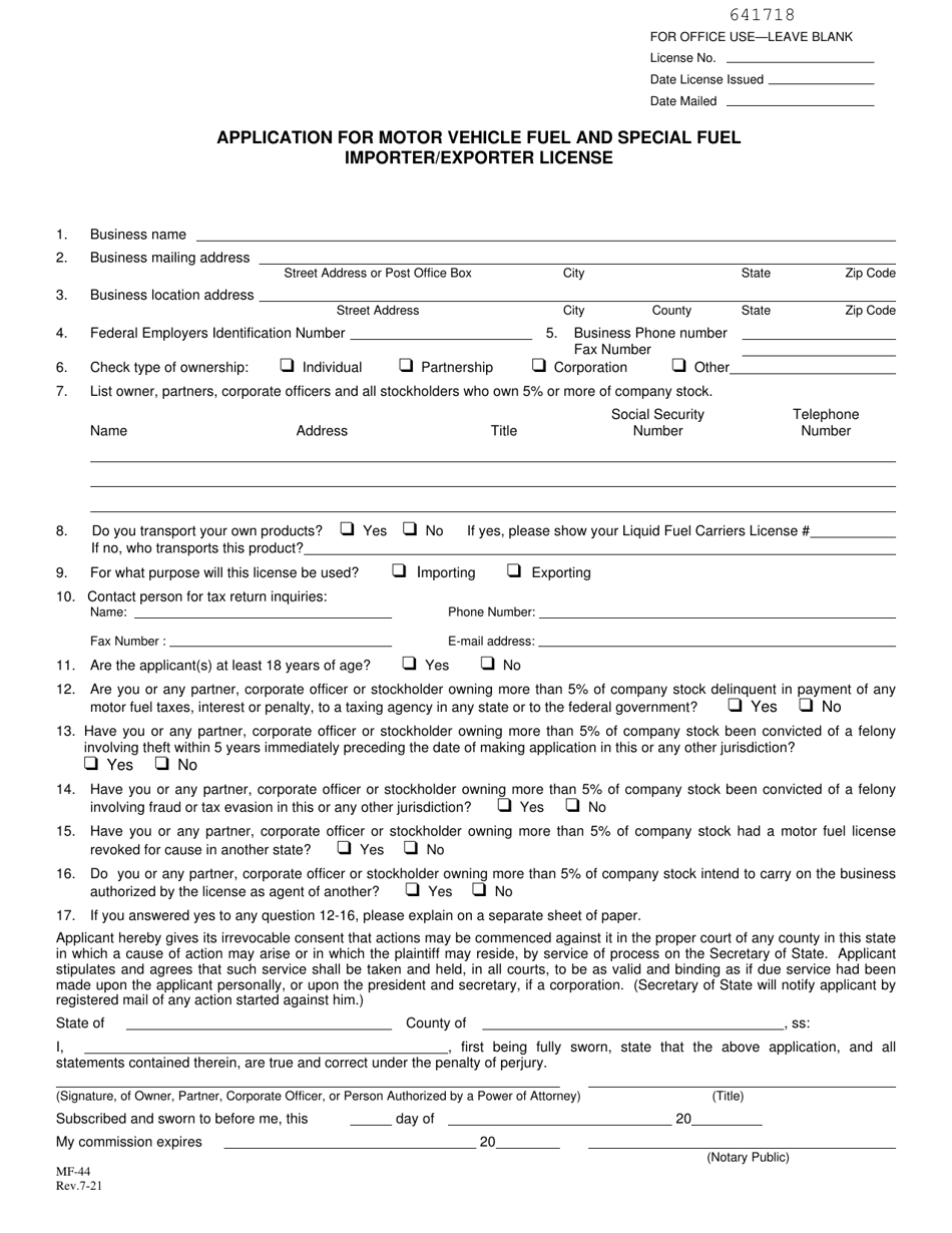 Form MF-44 Application for Motor Vehicle Fuel and Special Fuel Importer/Exporter License - Kansas, Page 1