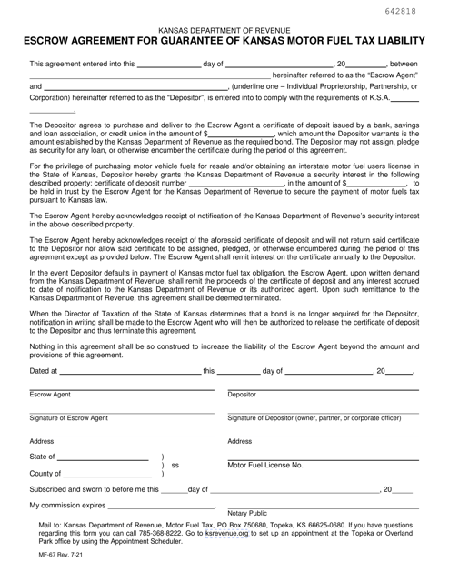 Form MF-67 Escrow Agreement for Guarantee of Kansas Motor Fuel Tax Liability - Kansas