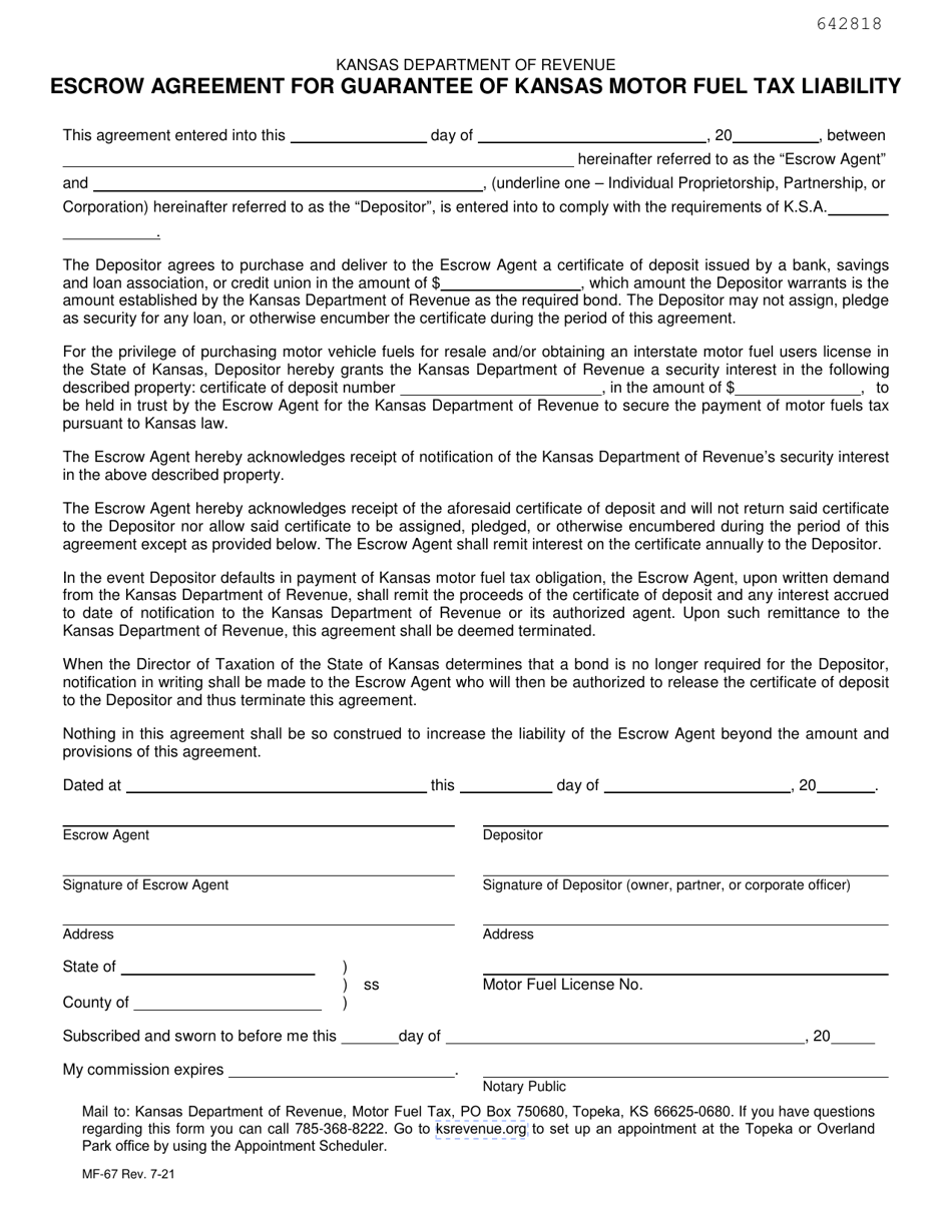 Form MF-67 Escrow Agreement for Guarantee of Kansas Motor Fuel Tax Liability - Kansas, Page 1