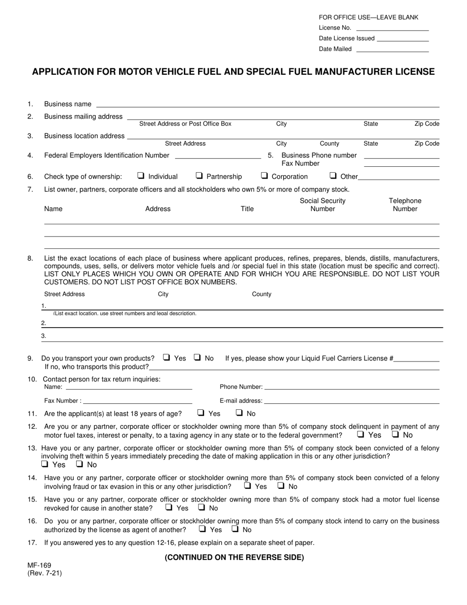 Form MF-169 Application for Motor Vehicle Fuel and Special Fuel Manufacturer License - Kansas, Page 1