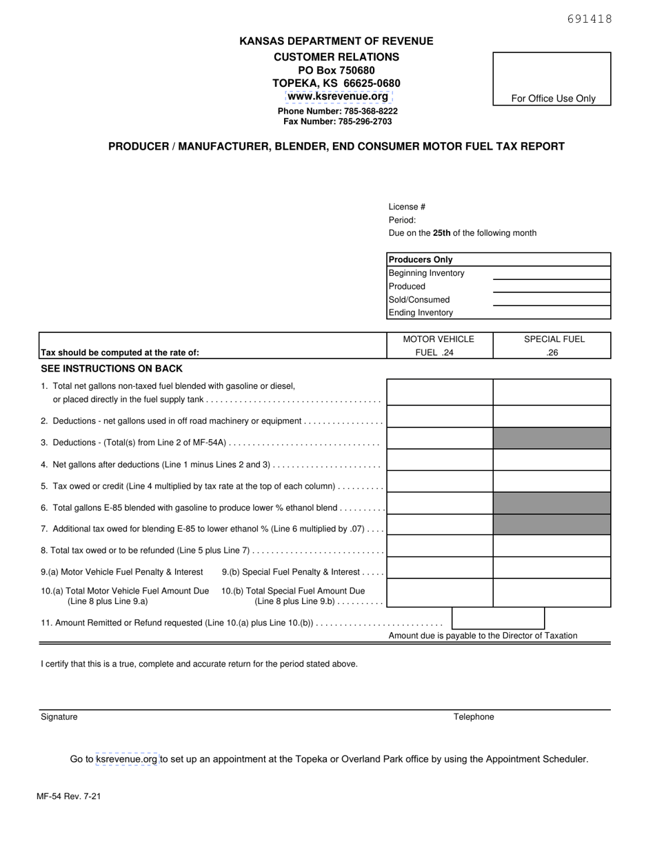 Form MF-54 Producer / Manufacturer, Blender, End Consumer Motor Fuel Tax Report - Kansas, Page 1