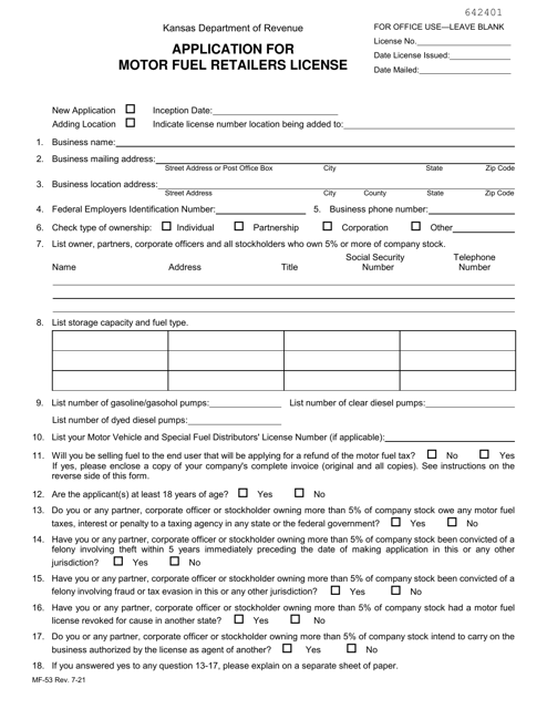 Form MF-53 Application for Motor Fuel Retailers License - Kansas