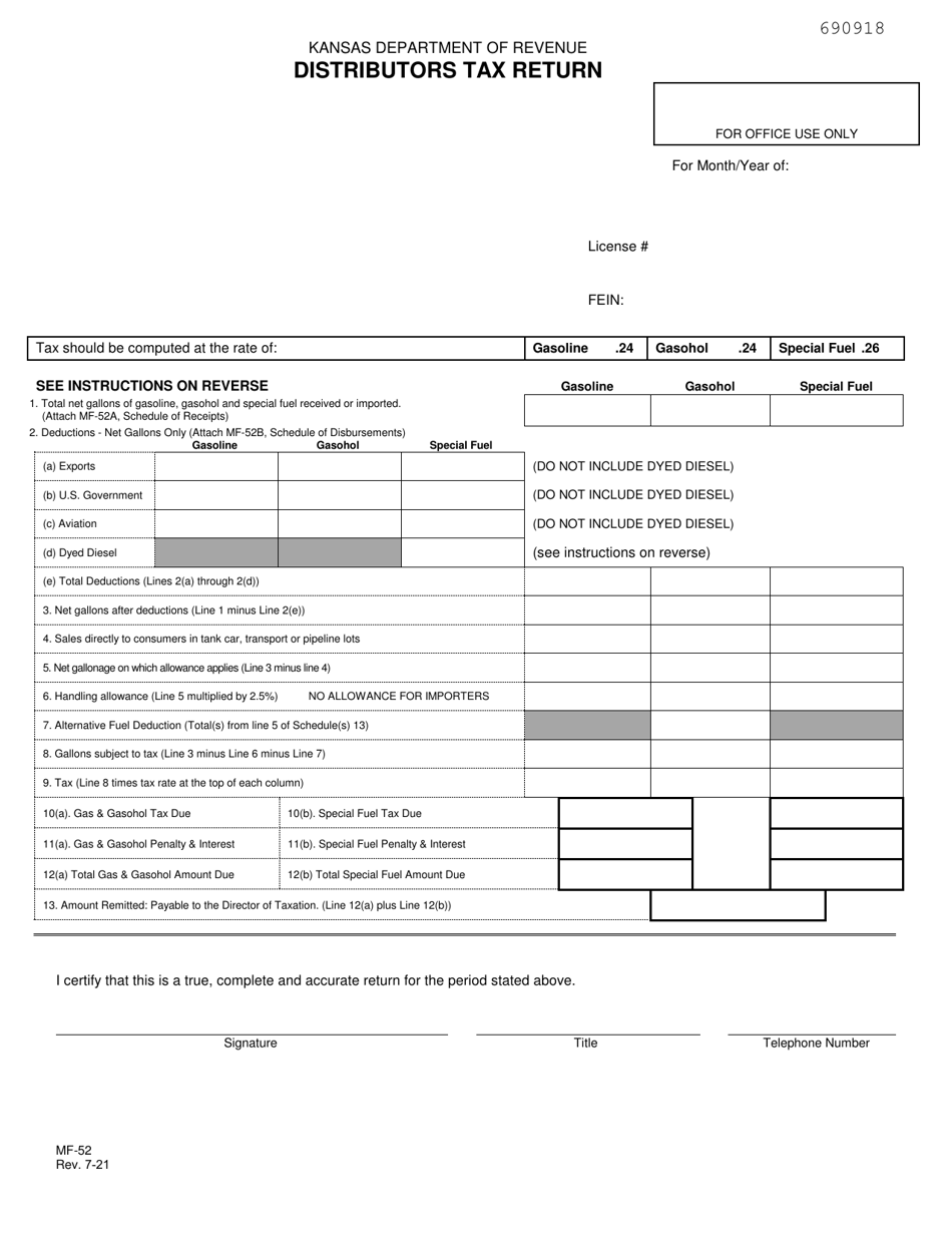 Form MF-52 Distributors Tax Return - Kansas, Page 1